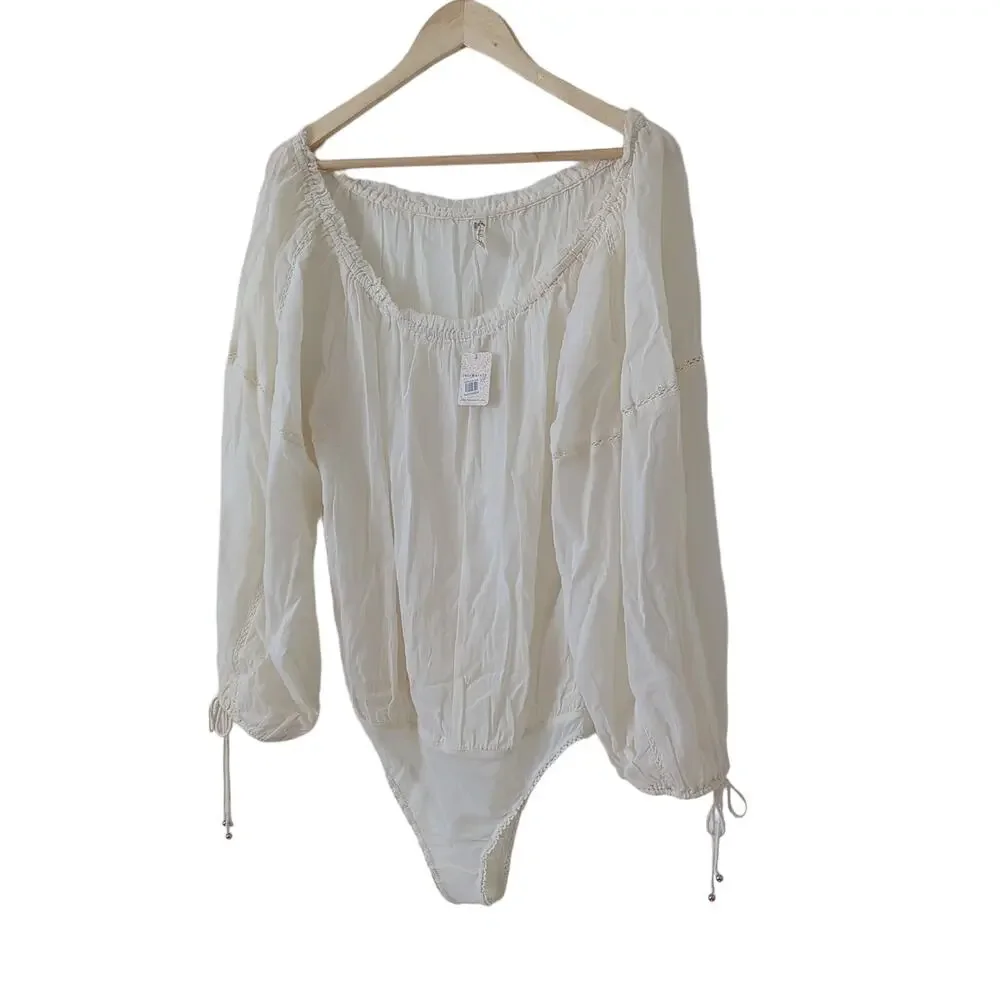 Free People Sundown Balloon Sleeve Bodysuit‎ Milk Blossom Cream Boho Size Medium